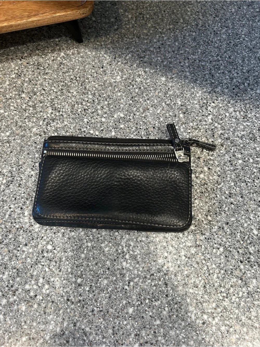 Vintage Pebbled Fossil Black Leather Zip Wallet Pouch